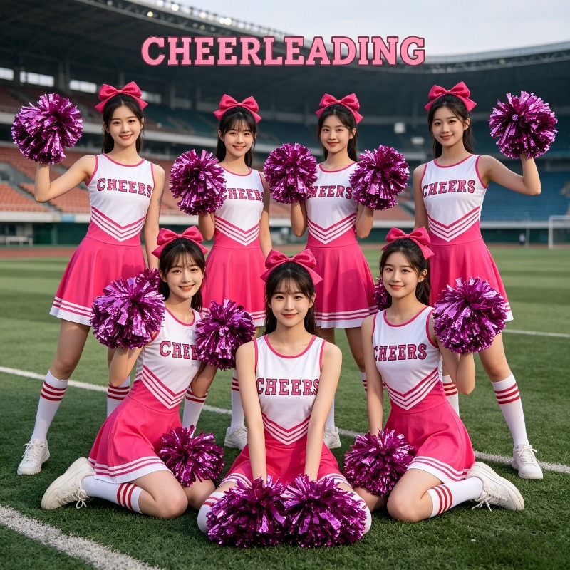 Cheerleading Pom Pom - チアリーディングダンス衣装セット 女性用 4点セット リボンタイヘアアクセサリー＆ポンポン付き ステージパフォーマンス用