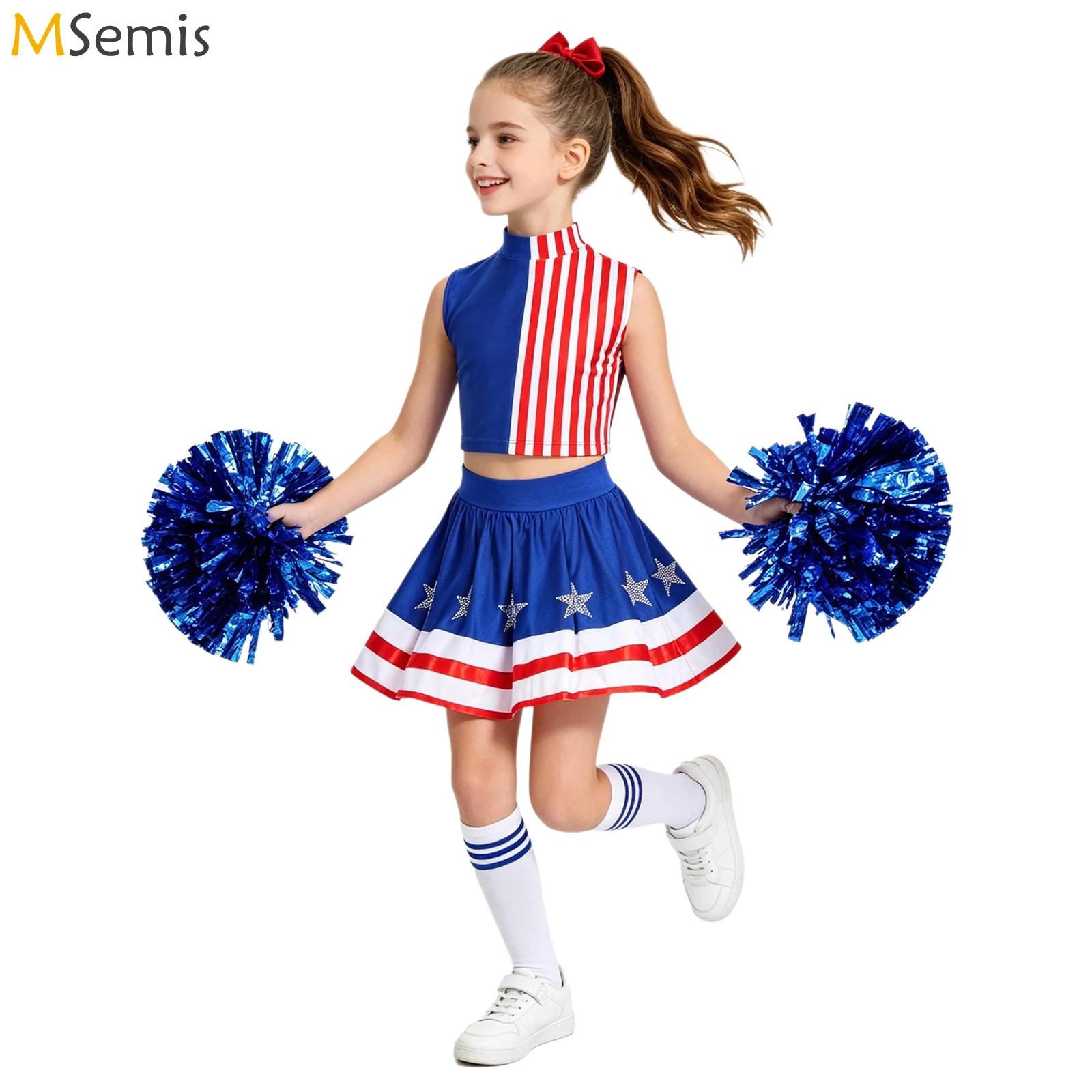 Cheerleading Pom Pom - キッズガールズチアリーディング衣装独立記念日コスチュームストライプクロップトップ、ラインストーンスタースカート、ポンポンソックス、ヘッドウェア付き
