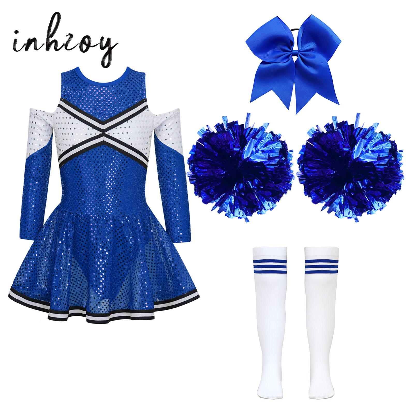 Cheerleading Pom Pom - キッズガールズチアリーダーコスチューム チアリーディングダンスドレス スパンコールユニフォームドレス ポンポン付き リボンヘアクリップ ソックスセット
