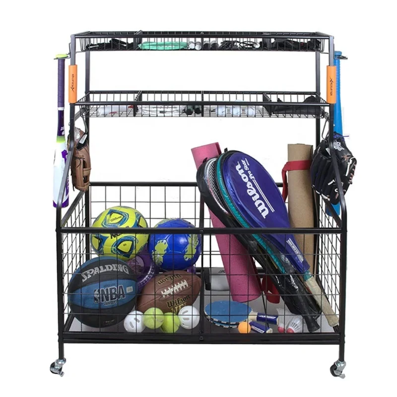 Sports Equipment Holder - 2026年版ガレージスポーツ用品収納オーガナイザー（バスケットとフック付き）スポーツボール・ギアラックホルダー収納ラック