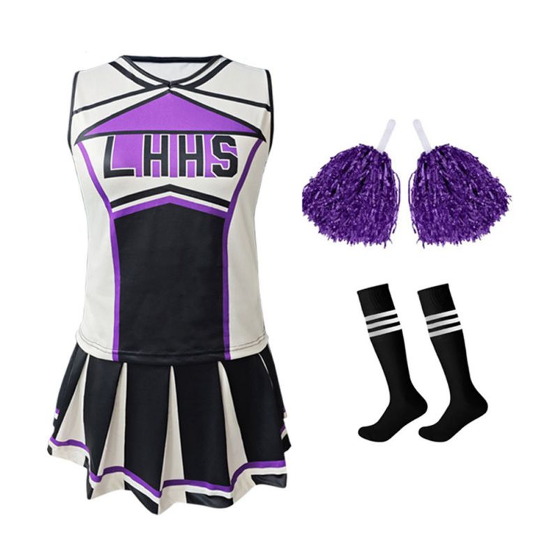 Cheerleading Pom Pom - 女性用チアリーダーコスチューム制服衣装トップミニプリーツスカートストッキングポンポンカーニバルチアリーディングスーツセット