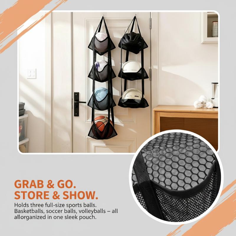 壁掛けバスケットボール収納メッシュバッグ 3つの独立したポケ - Sports Equipment Garage Organizer のレビューと価格